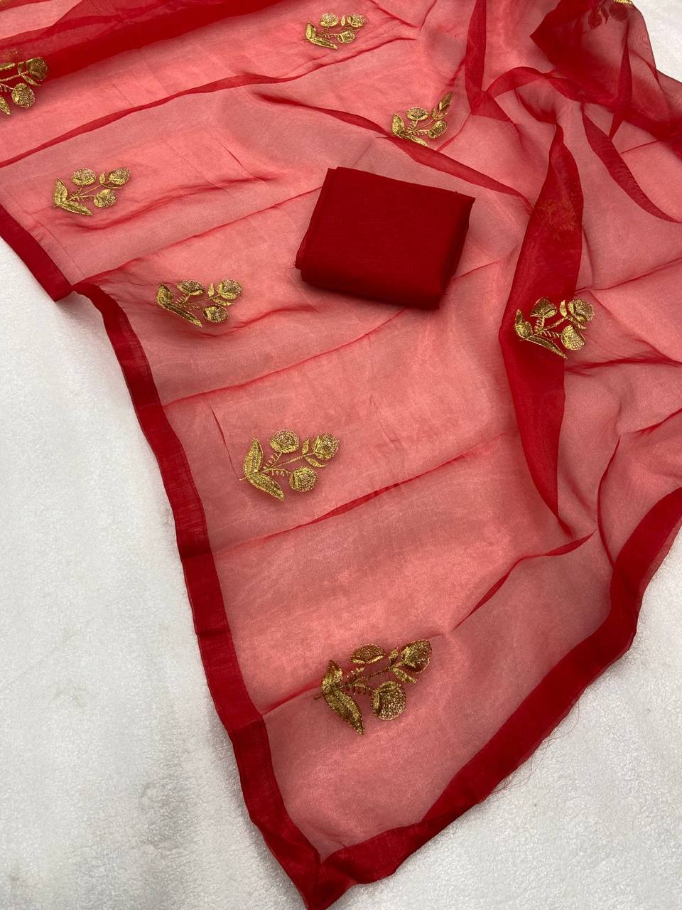 Red Pure Organza Sequins Embroidery Saree with Banglori Blouse