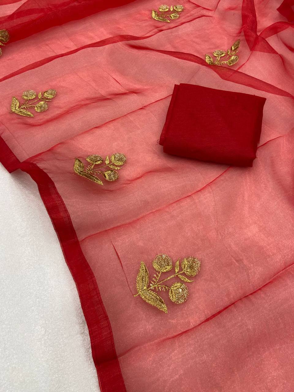 Red Pure Organza Sequins Embroidery Saree with Banglori Blouse