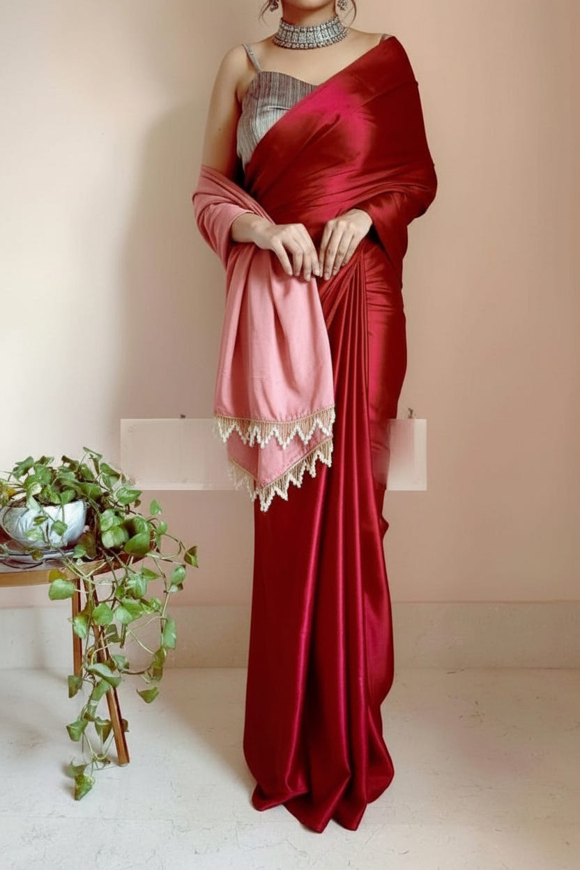 Red Satin Saree with Contrast Malbari Weaving Blouse
