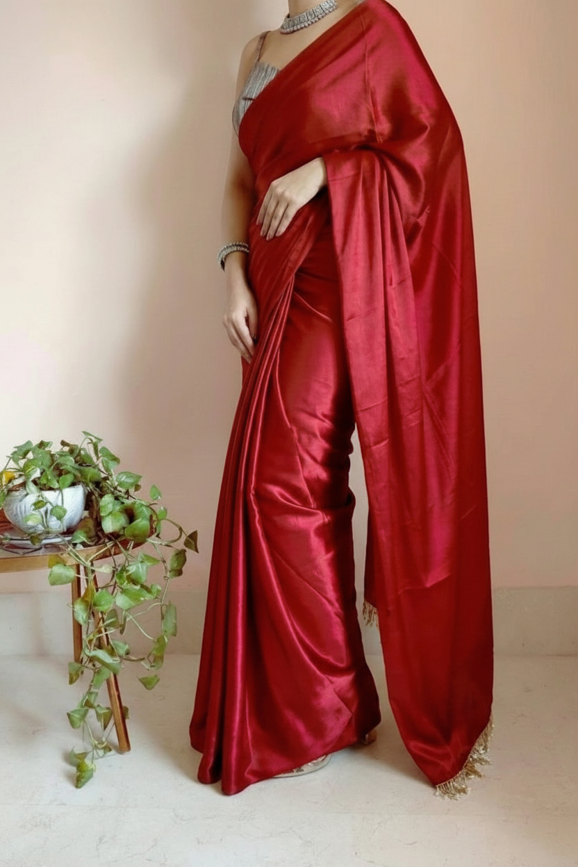 Red Satin Saree with Contrast Malbari Weaving Blouse