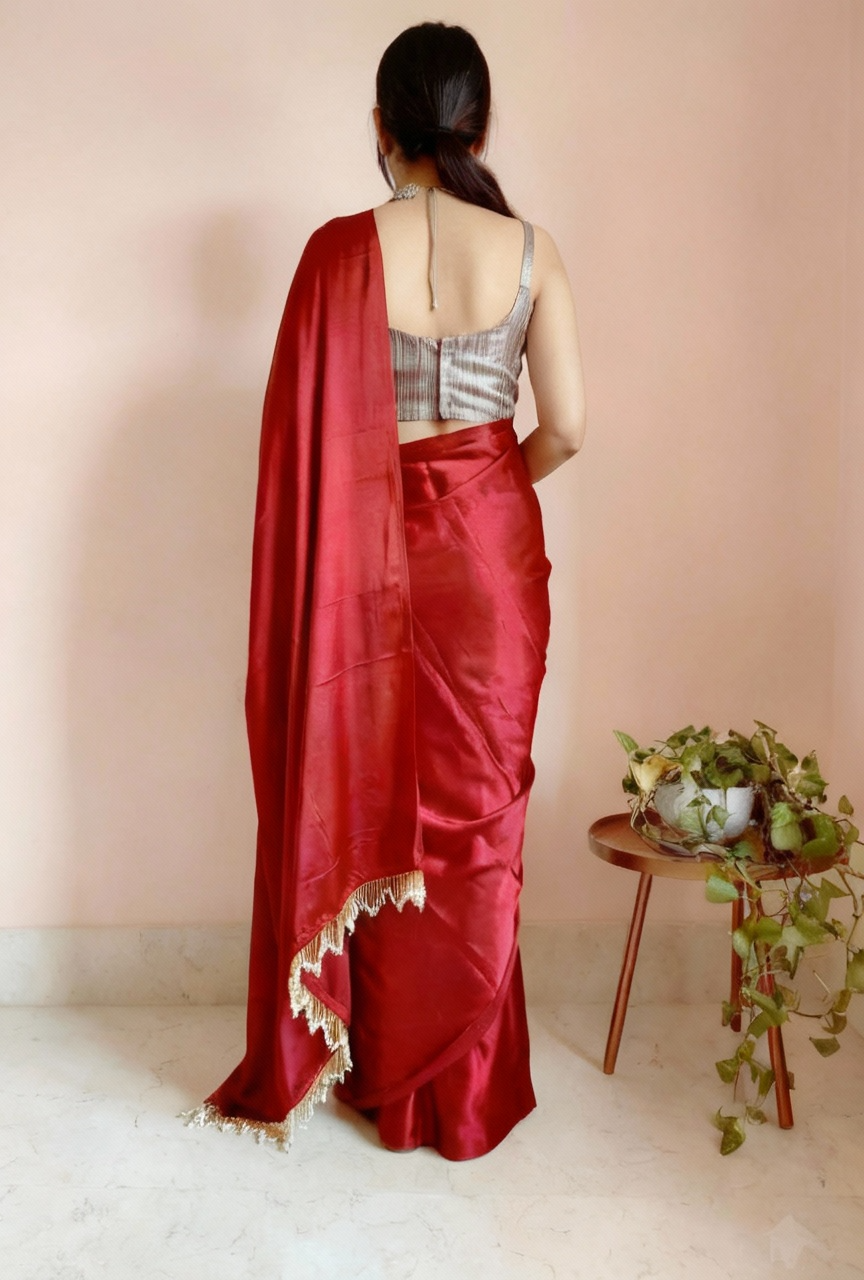 Red Satin Saree with Contrast Malbari Weaving Blouse