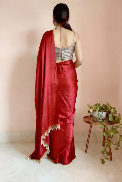 Red Satin Saree with Contrast Malbari Weaving Blouse