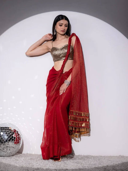 Red Simmar Silk Saree with Handwork Latkan Border