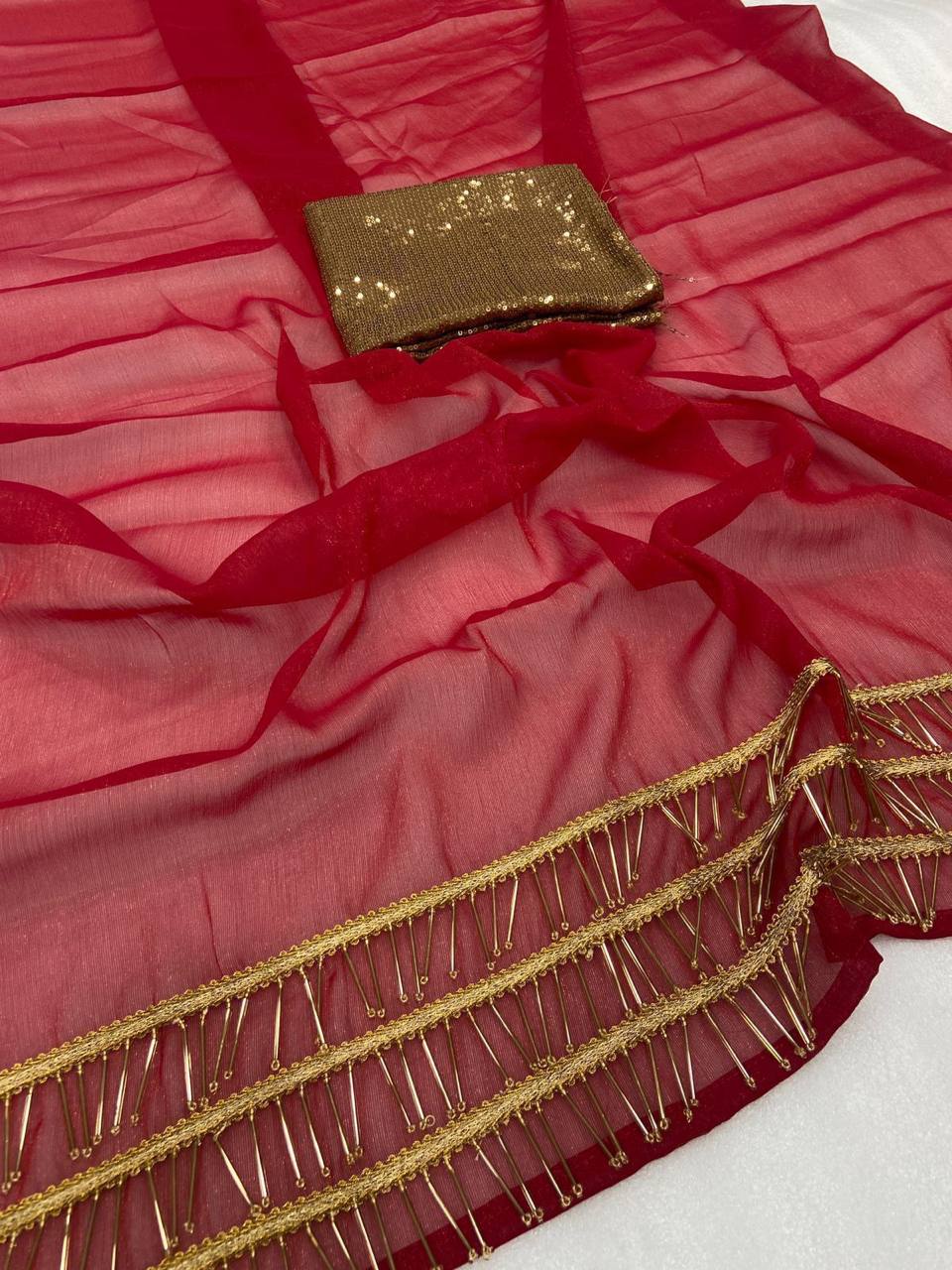 Red Simmar Silk Saree with Handwork Latkan Border