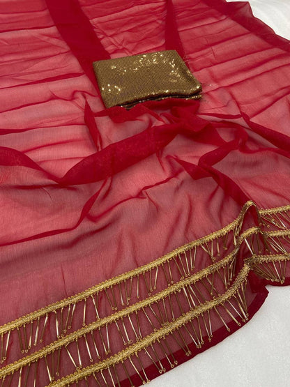 Red Simmar Silk Saree with Handwork Latkan Border