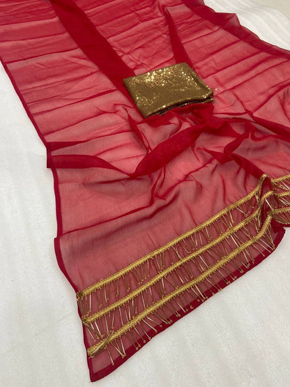Red Simmar Silk Saree with Handwork Latkan Border