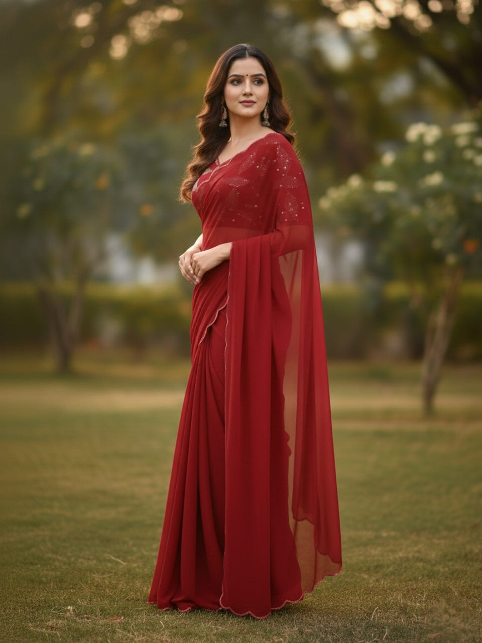Red Smooth Georgette Saree with Aari Border & Embroidery Blouse
