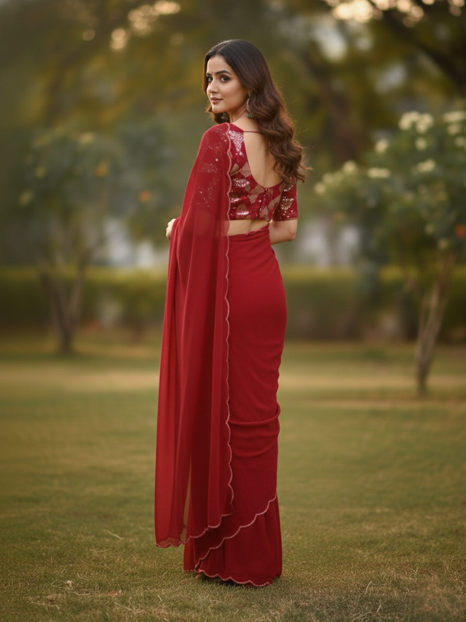 Red Smooth Georgette Saree with Aari Border & Embroidery Blouse