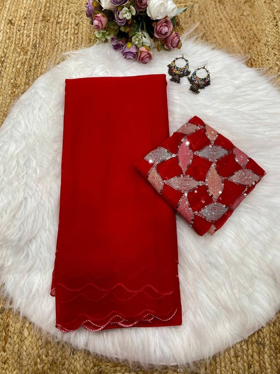 Red Smooth Georgette Saree with Aari Border & Embroidery Blouse