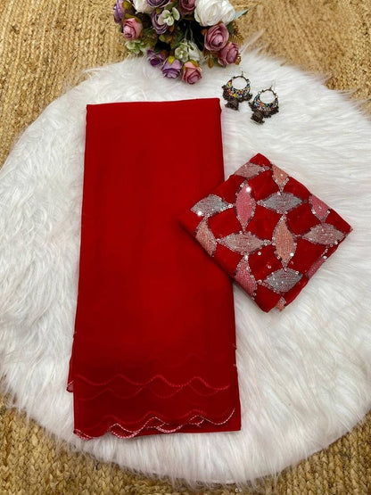Red Smooth Georgette Saree with Aari Border & Embroidery Blouse