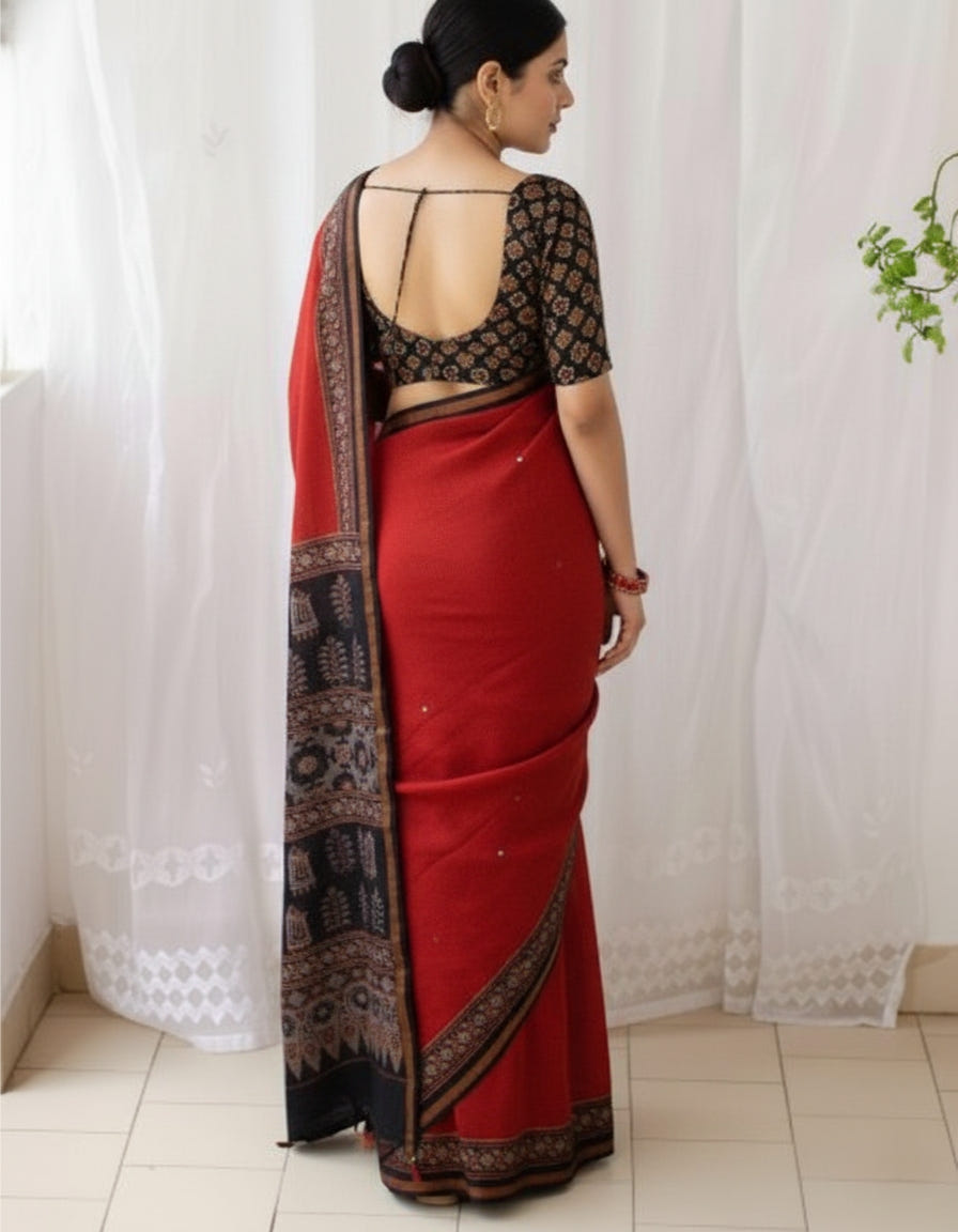 Red Soft Mulmul Cotton Digital Print Saree with Banglori Blouse