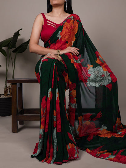 Red Weightless Marble Floral Printed Saree with Banglory Blouse