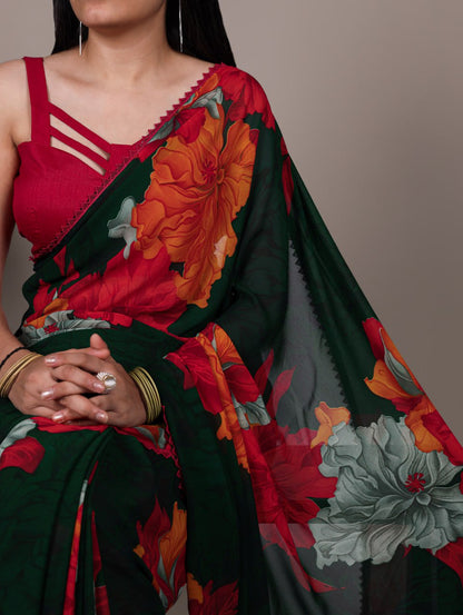 Red Weightless Marble Floral Printed Saree with Banglory Blouse