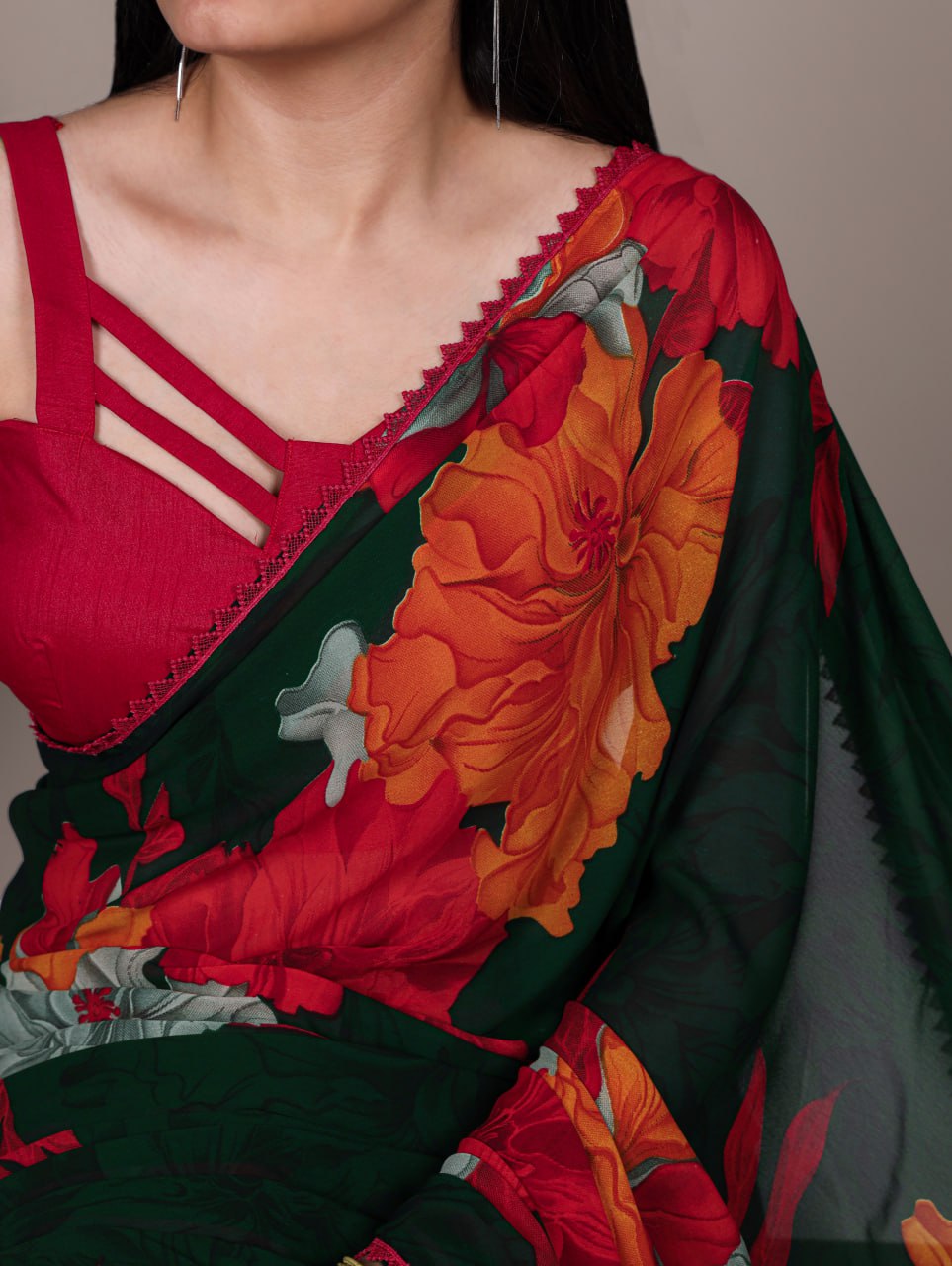 Red Weightless Marble Floral Printed Saree with Banglory Blouse