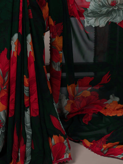 Red Weightless Marble Floral Printed Saree with Banglory Blouse