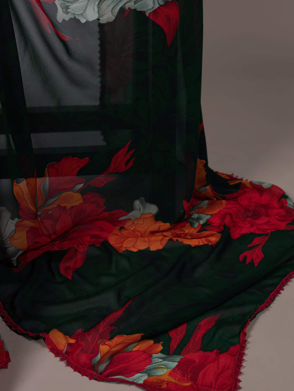 Red Weightless Marble Floral Printed Saree with Banglory Blouse