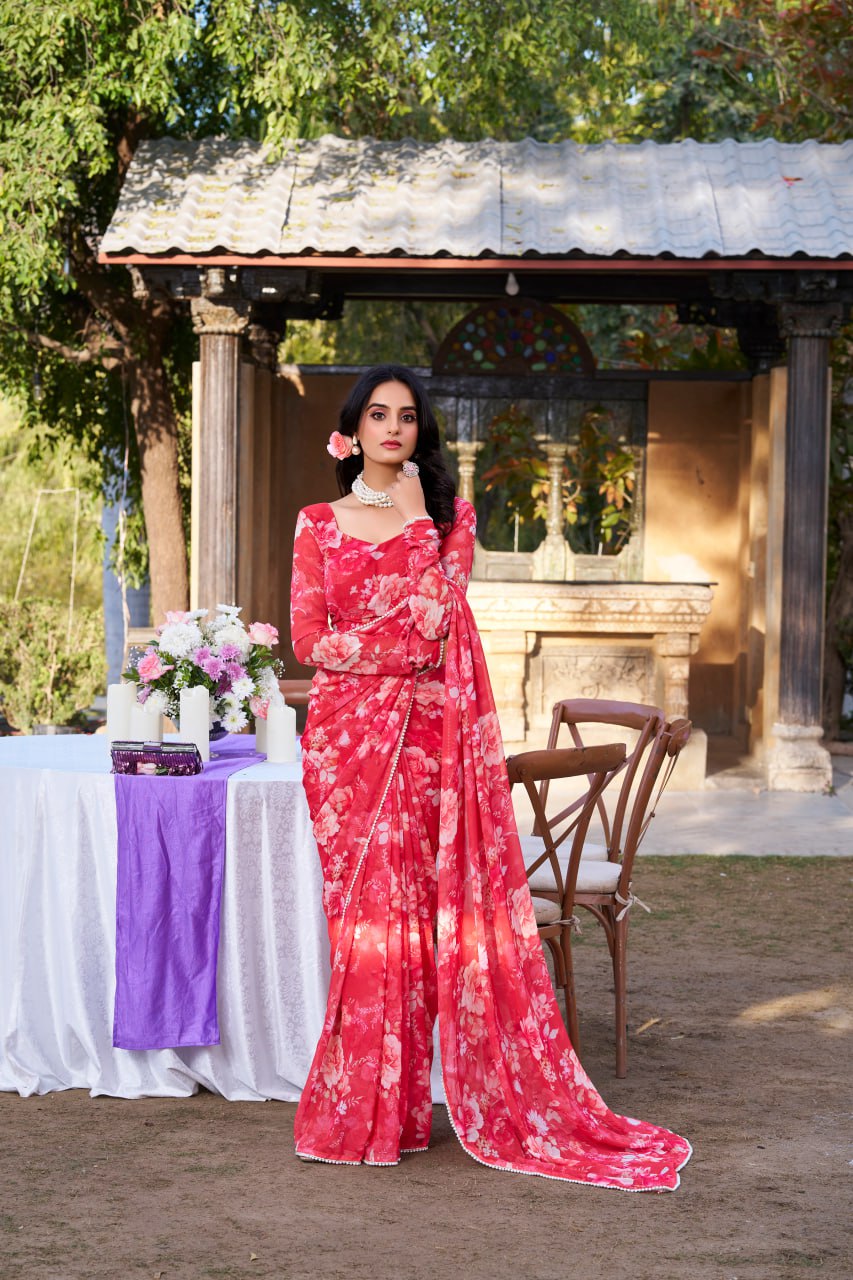 Red Weightless Marble Print Saree with Pearl Matching Blouse