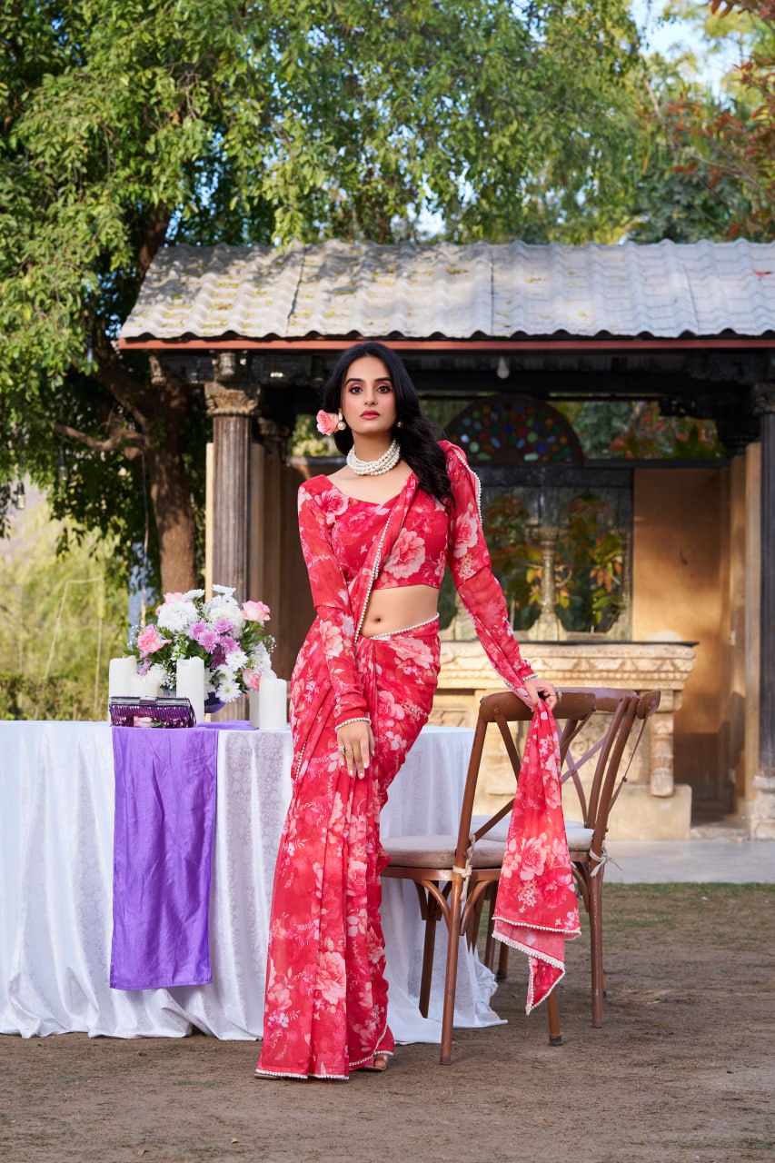 Red Weightless Marble Print Saree with Pearl Matching Blouse