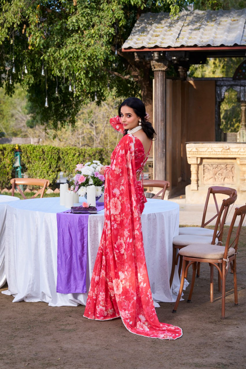 Red Weightless Marble Print Saree with Pearl Matching Blouse