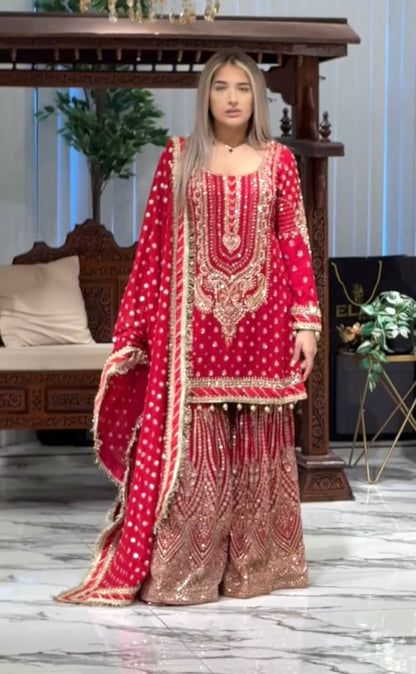 Rose Pink Designer Farshi Plazzo Top and Dupatta For Nikah Wear