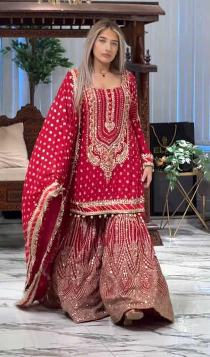 Rose Pink Designer Farshi Plazzo Top and Dupatta For Nikah Wear
