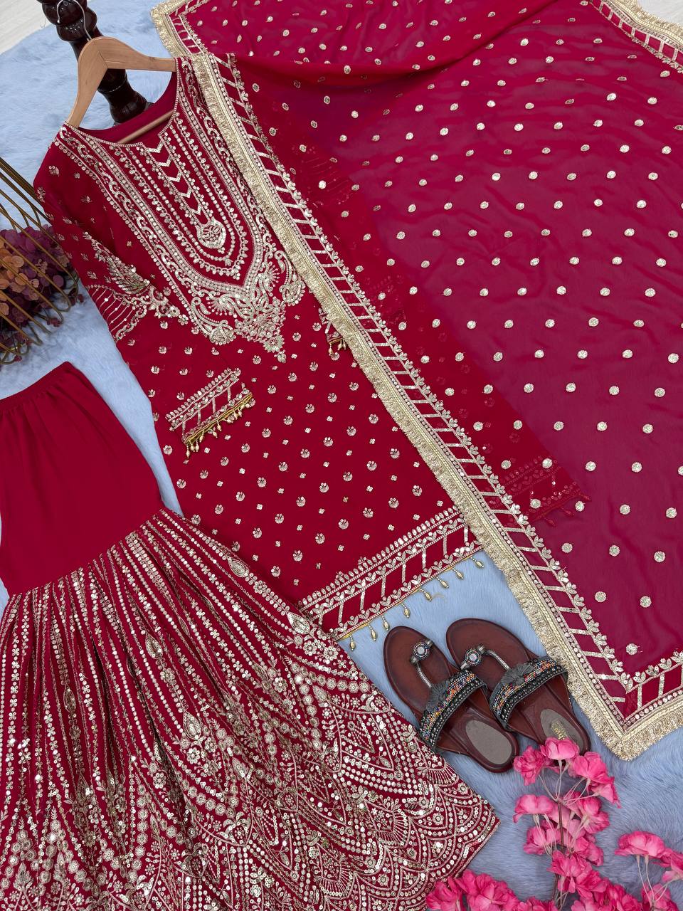 Rose Pink Designer Farshi Plazzo Top and Dupatta For Nikah Wear