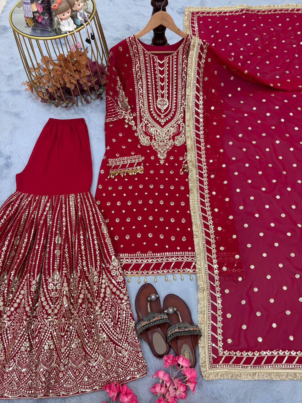 Rose Pink Designer Farshi Plazzo Top and Dupatta For Nikah Wear
