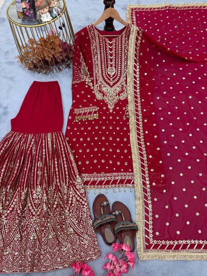 Rose Pink Designer Farshi Plazzo Top and Dupatta For Nikah Wear