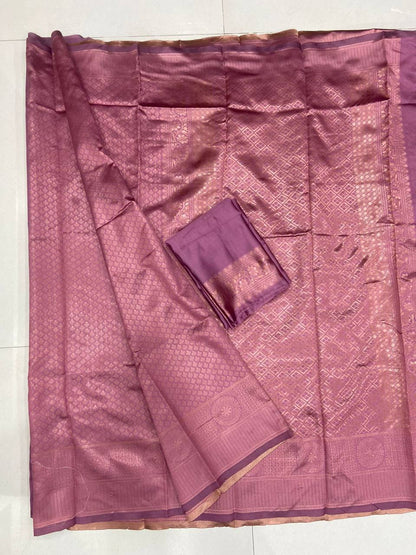 Rose Pink Kanchipuram Weaving Saree with Classic Woven Border