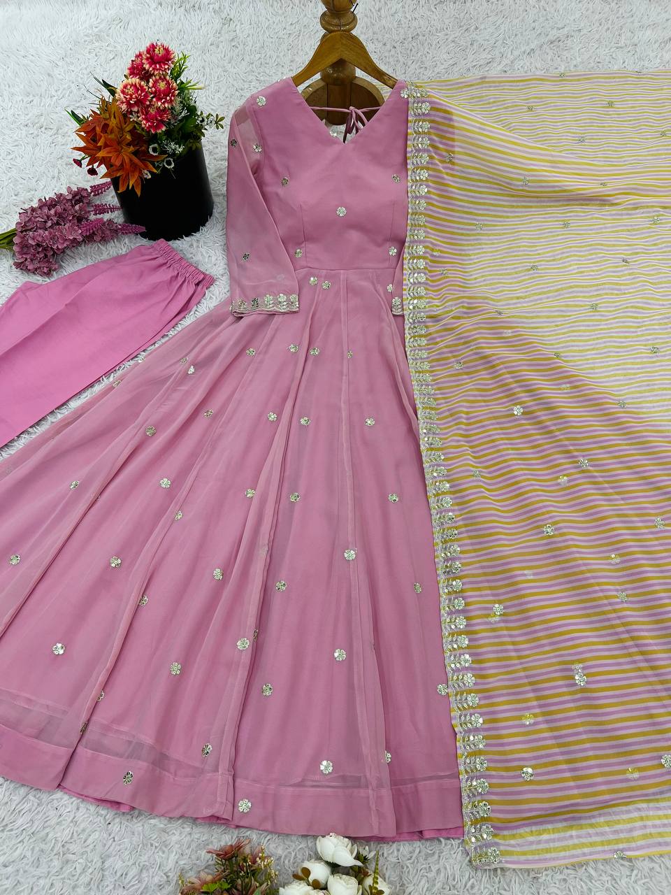 Rose PinkDesigner Faux Georgette Gown and Dupatta For Party Wear