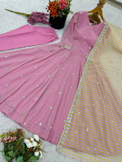Rose PinkDesigner Faux Georgette Gown and Dupatta For Party Wear