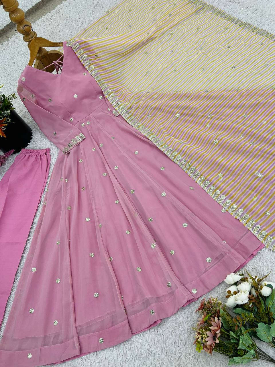 Rose PinkDesigner Faux Georgette Gown and Dupatta For Party Wear