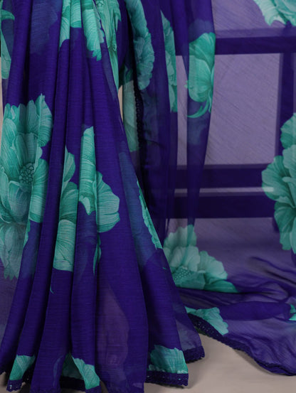 Royal Blue Chiffon Saree With A Floral Print And A Teal Green Blouse