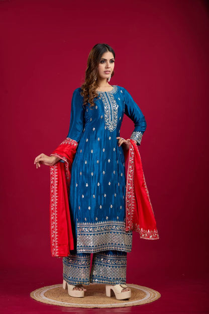 Royal Blue Chinnon Silk Embroidery Top Pant and Dupatta For Party Wear