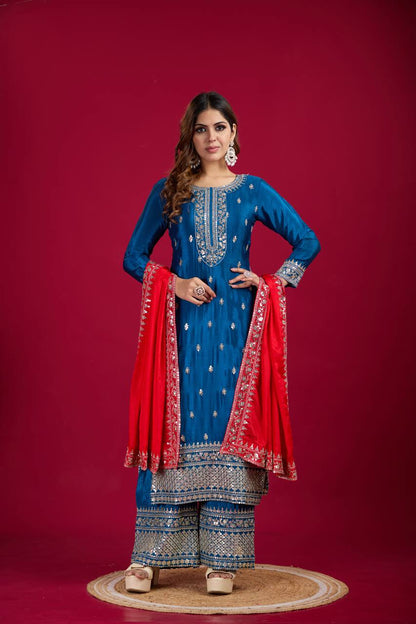 Royal Blue Chinnon Silk Embroidery Top Pant and Dupatta For Party Wear
