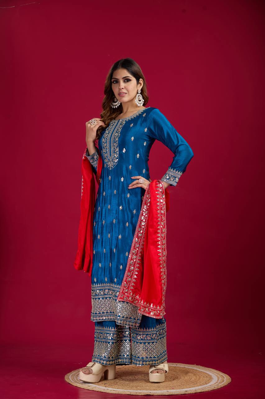 Royal Blue Chinnon Silk Embroidery Top Pant and Dupatta For Party Wear