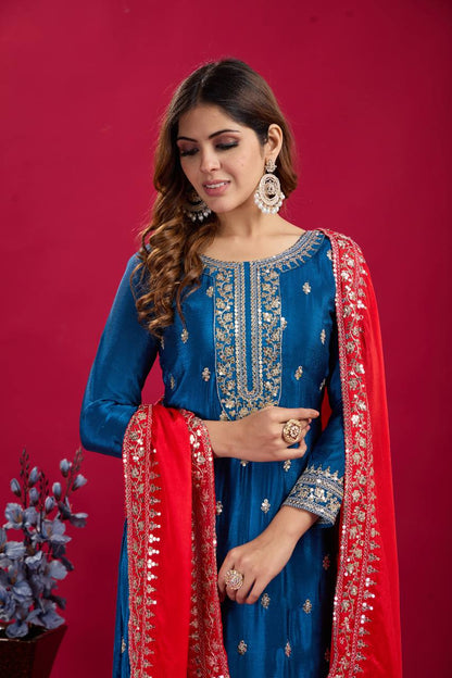 Royal Blue Chinnon Silk Embroidery Top Pant and Dupatta For Party Wear