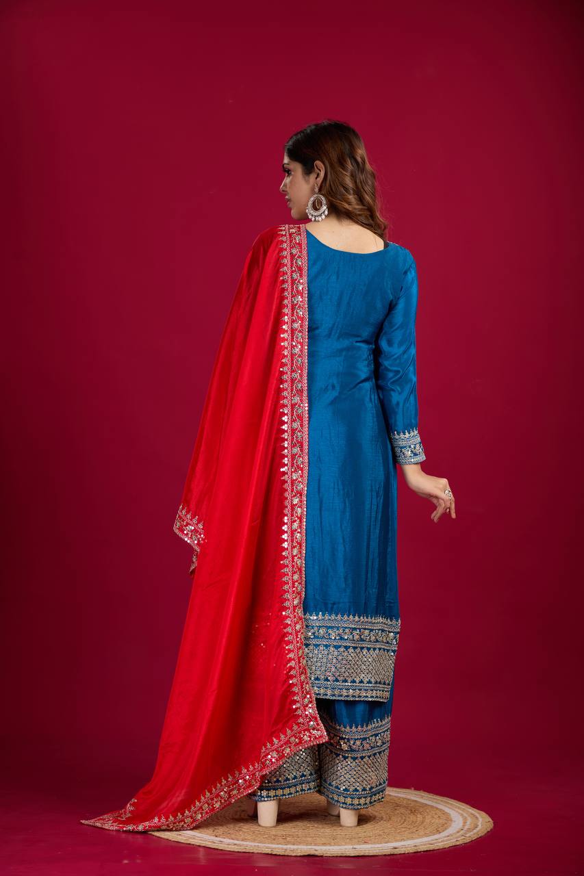 Royal Blue Chinnon Silk Embroidery Top Pant and Dupatta For Party Wear