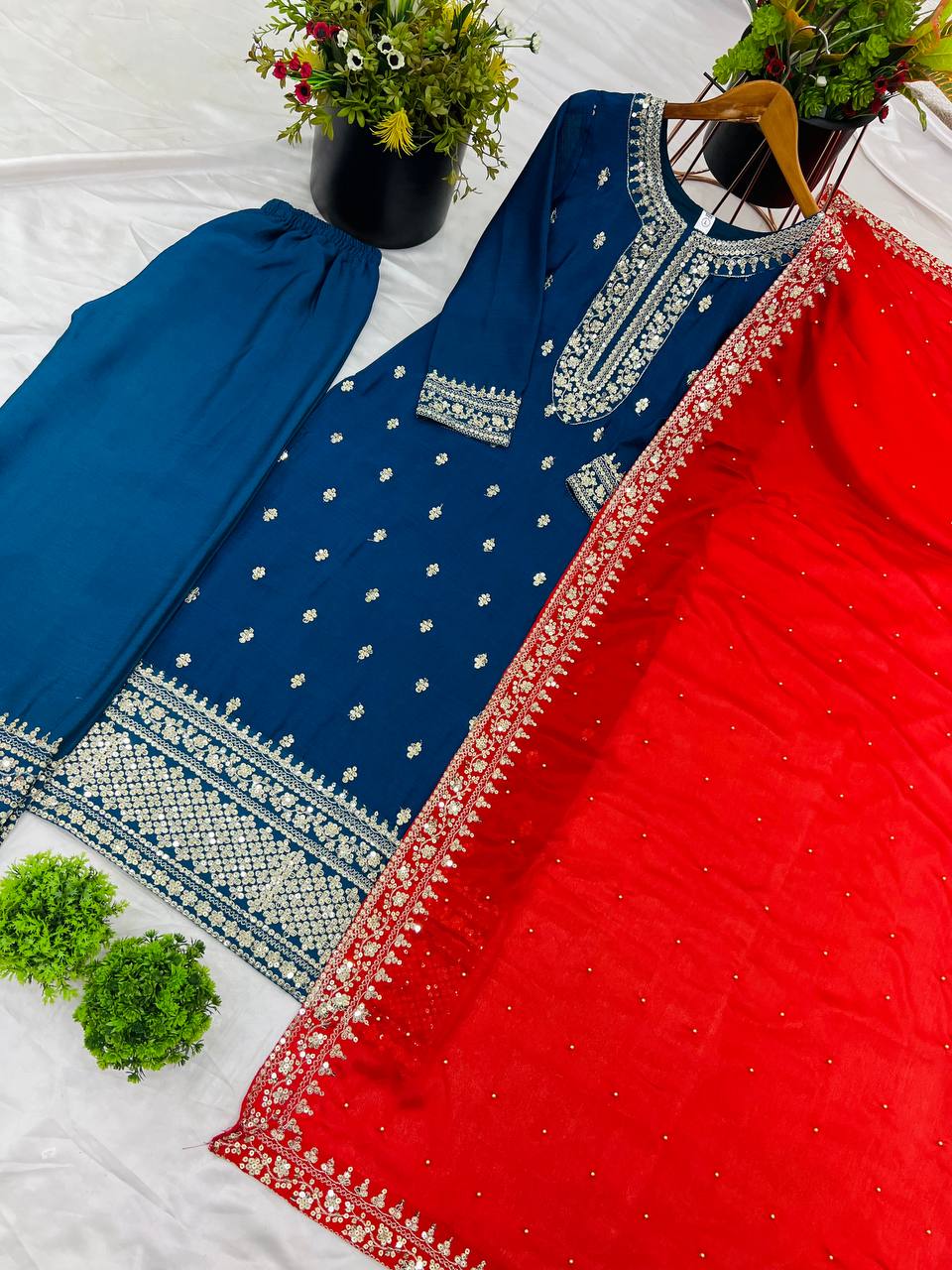 Royal Blue Chinnon Silk Embroidery Top Pant and Dupatta For Party Wear
