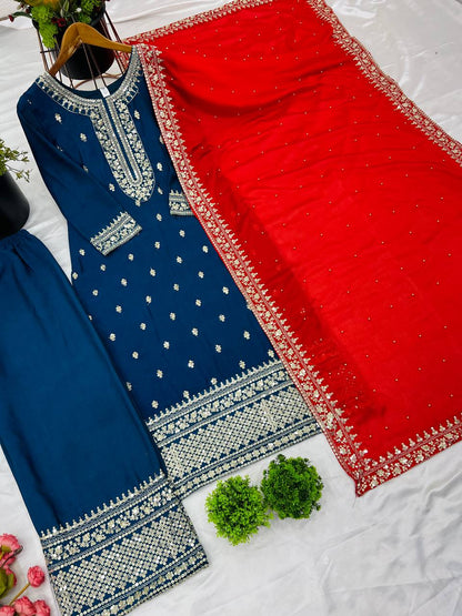 Royal Blue Chinnon Silk Embroidery Top Pant and Dupatta For Party Wear