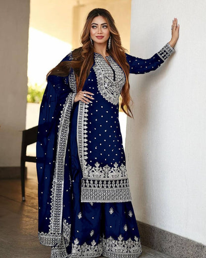 Royal Blue Designer Faux Georgette Top Gharara & Dupatta For Party Wear