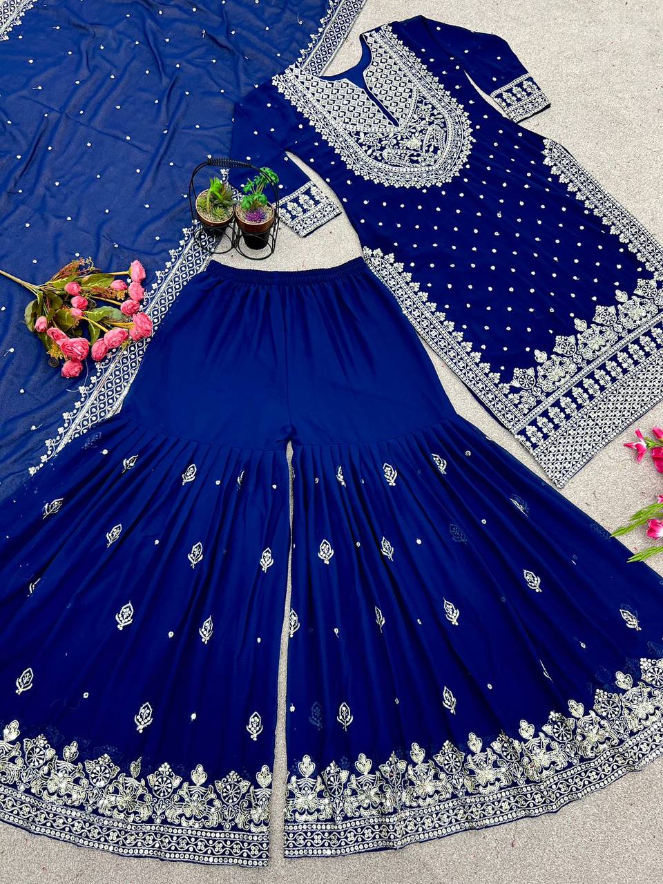 Royal Blue Designer Faux Georgette Top Gharara & Dupatta For Party Wear