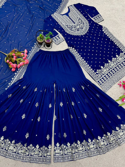 Royal Blue Designer Faux Georgette Top Gharara & Dupatta For Party Wear