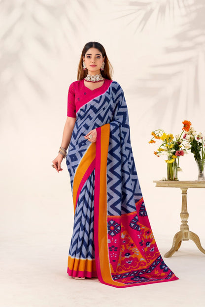 Royal Blue Elegant Zigzag Tasar Silk Printed Saree with Matching Blouse
