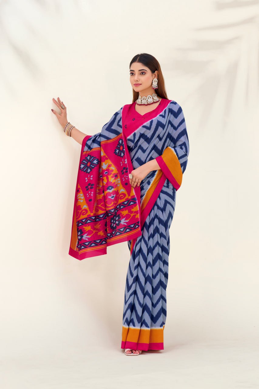 Royal Blue Elegant Zigzag Tasar Silk Printed Saree with Matching Blouse