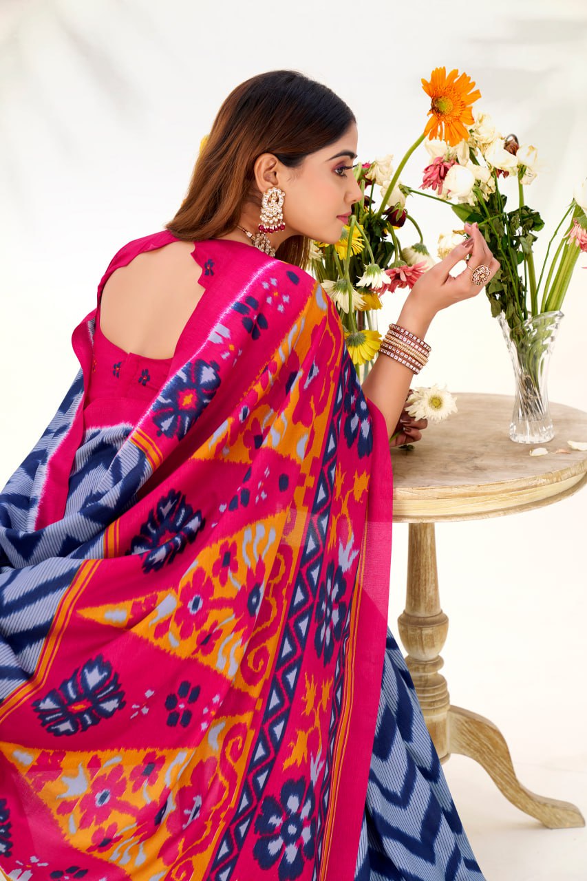 Royal Blue Elegant Zigzag Tasar Silk Printed Saree with Matching Blouse