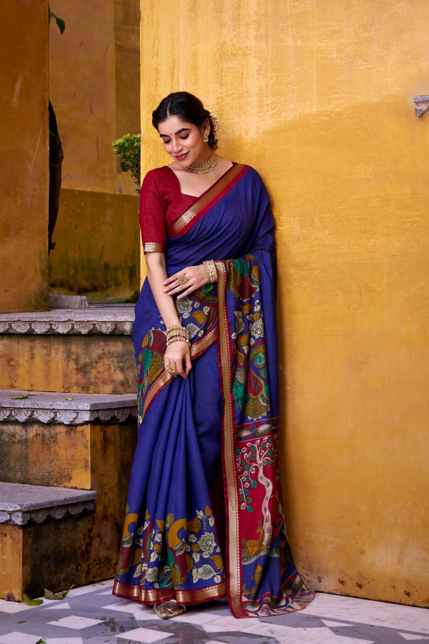 Royal Blue Kalamkari Print Chanderi Saree with Zari Weaving Border