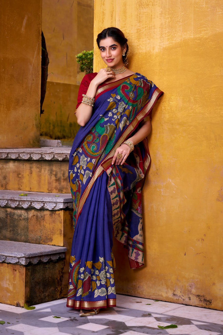 Royal Blue Kalamkari Print Chanderi Saree with Zari Weaving Border