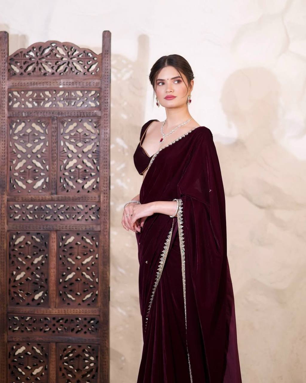 Royal Maroon Luxury Velvet Saree With Mirror Work Matching Velvet Blouse