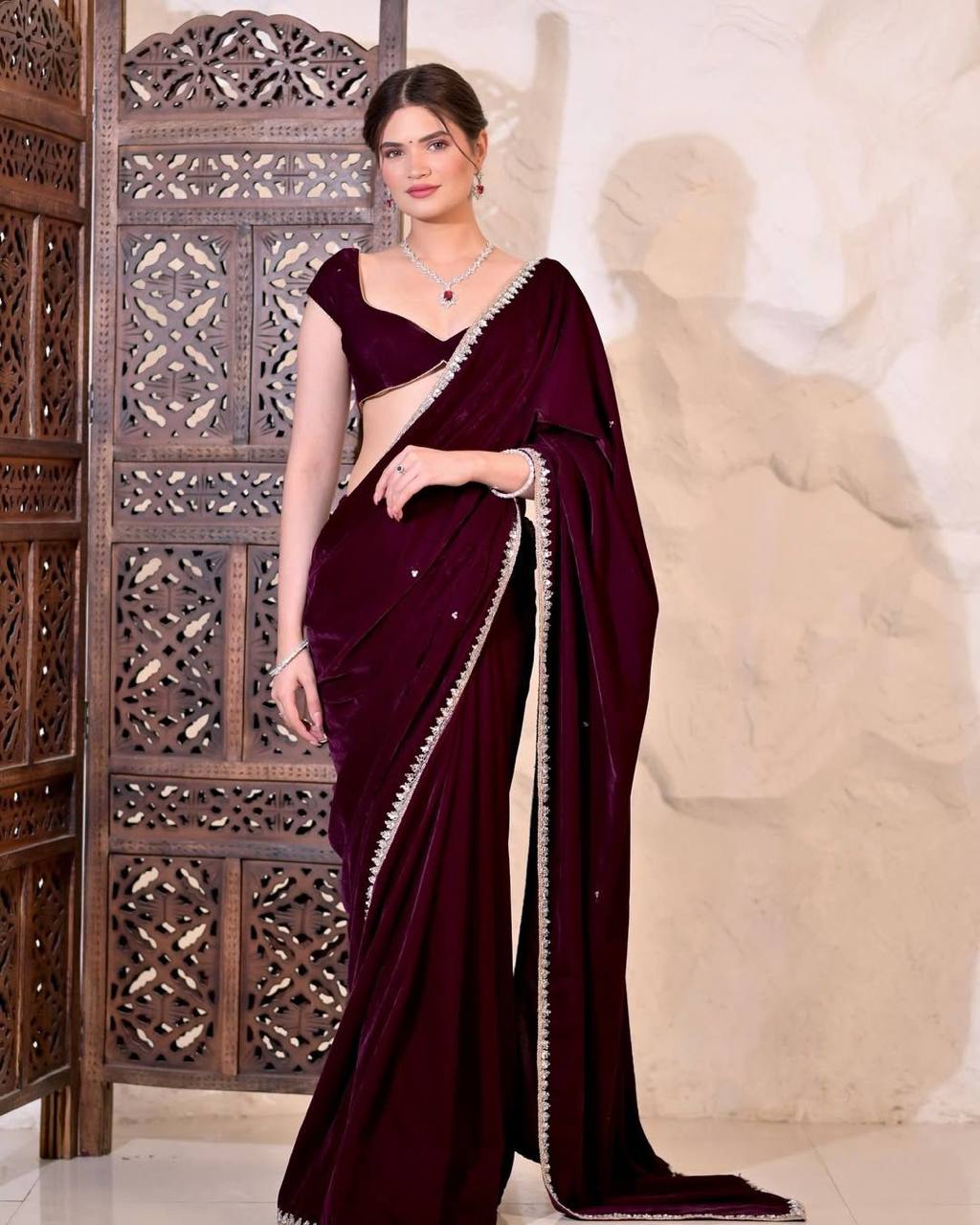 Royal Maroon Luxury Velvet Saree With Mirror Work Matching Velvet Blouse